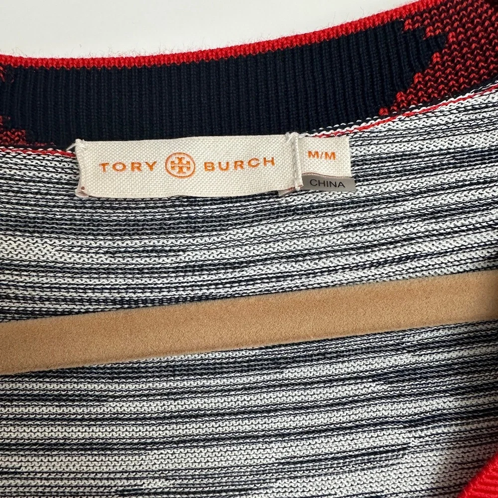 Tory Burch Red and Black Striped Cardigan